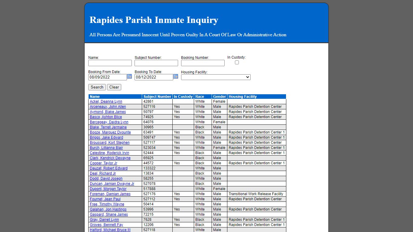 Rapides Parish Inmate Search - 12.189.45.22